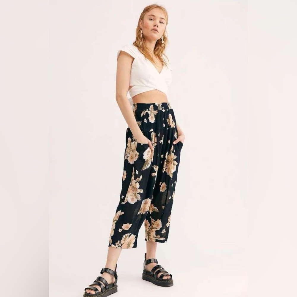 Free People Black Wide Leg Floral Jumpsuit Pants with Beige Flowers